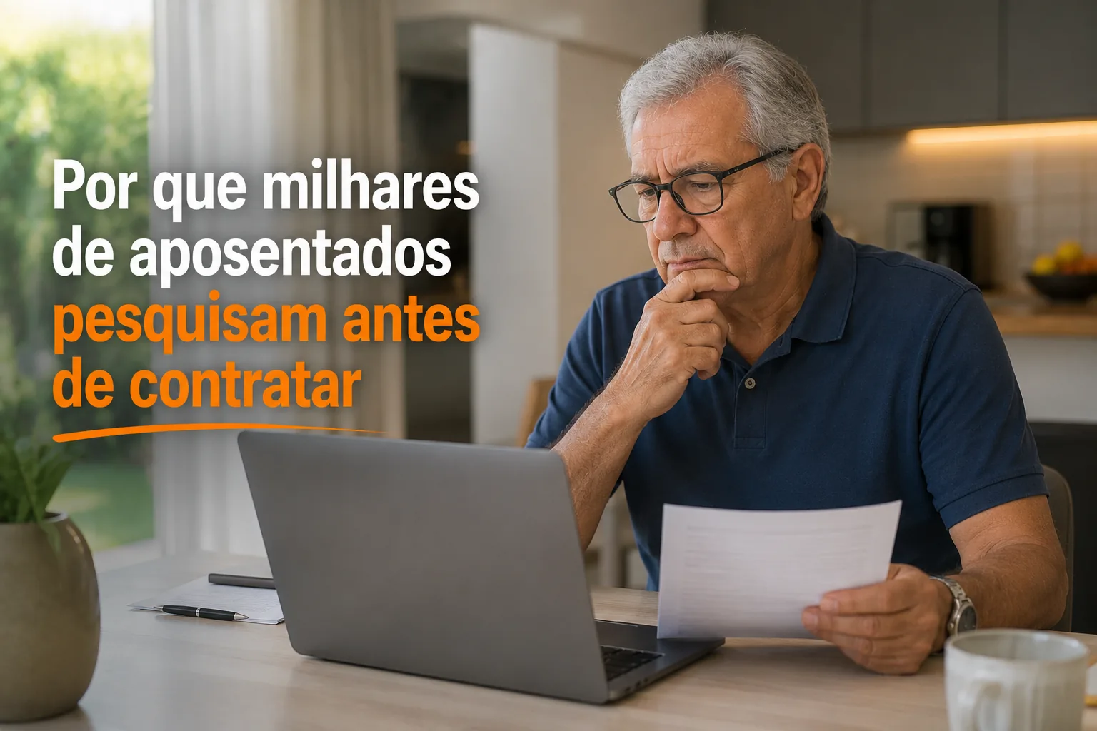 Aposentado pesquisando no notebook e analisando documentos antes de contratar um empréstimo consignado