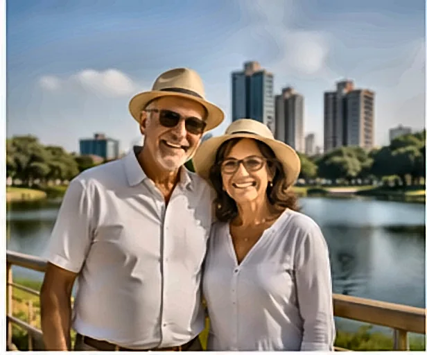 Casal de idosos aposentados passeando no parque — Como Escolher um Correspondente Bancário Para Consignado INSS: Critérios e Cuidados