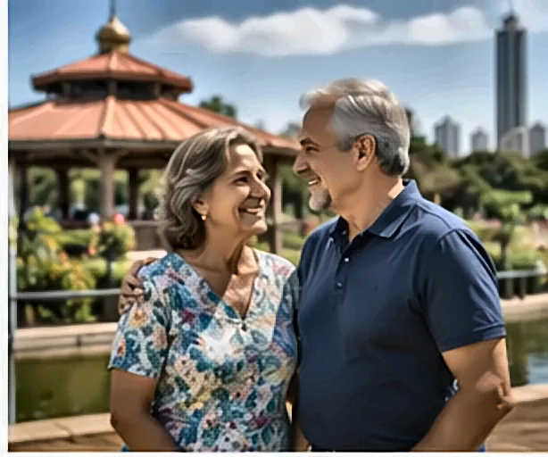 Casal de idosos aposentados passeando no parque — Simulações Práticas de Consignado INSS: Exemplos Reais Por Perfil