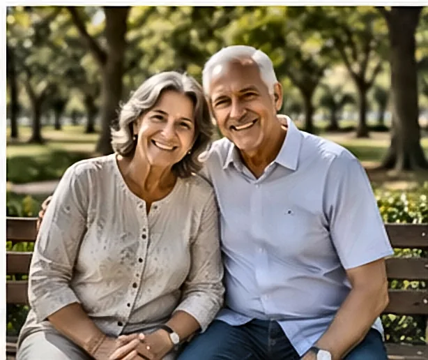 Casal de idosos aposentados passeando no parque — Aposentadoria Especial e Insalubridade: Quem Tem Direito, Como Comprovar e o Consignado Para Esse Público