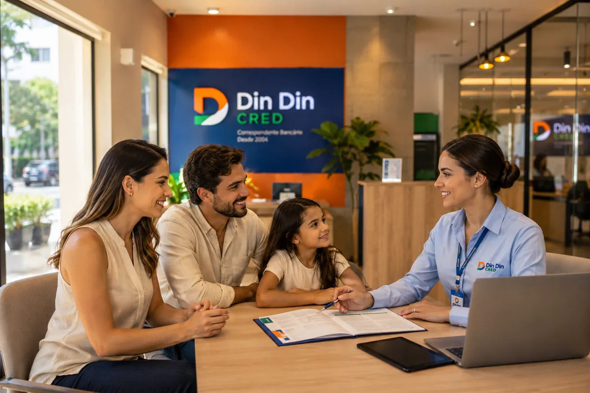 Cliente em atendimento humanizado na loja da Din Din Cred — Guia Definitivo do INSS: Aposentadoria, Benefícios e Crédito Consignado em 2026