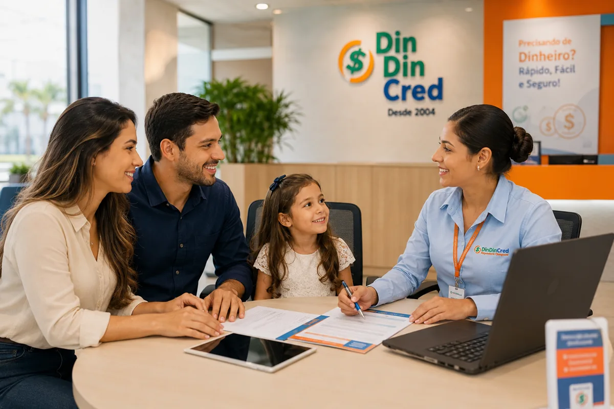 Cliente em atendimento humanizado na loja da Din Din Cred — Crédito Consciente: Resolver Hoje Sem Comprometer o Amanhã