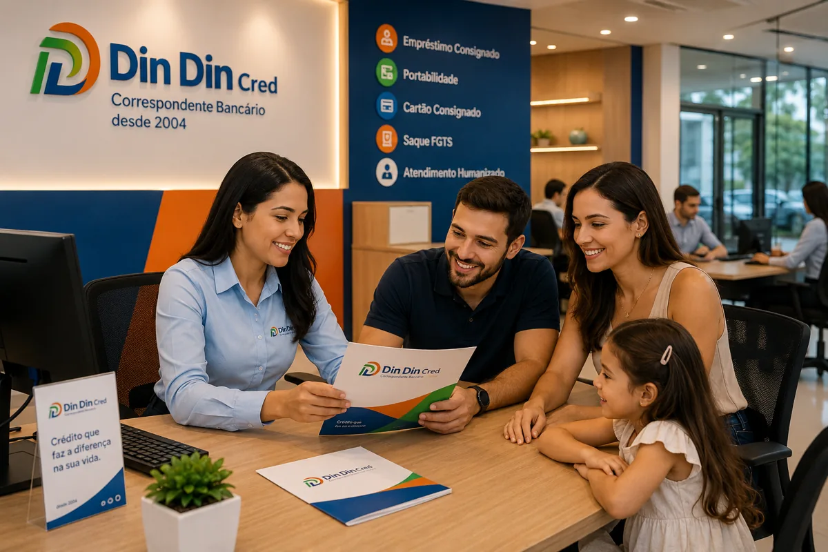 Cliente em atendimento humanizado na loja da Din Din Cred — Consignado INSS em Curitiba PR: Aposentados, Servidores e FGTS