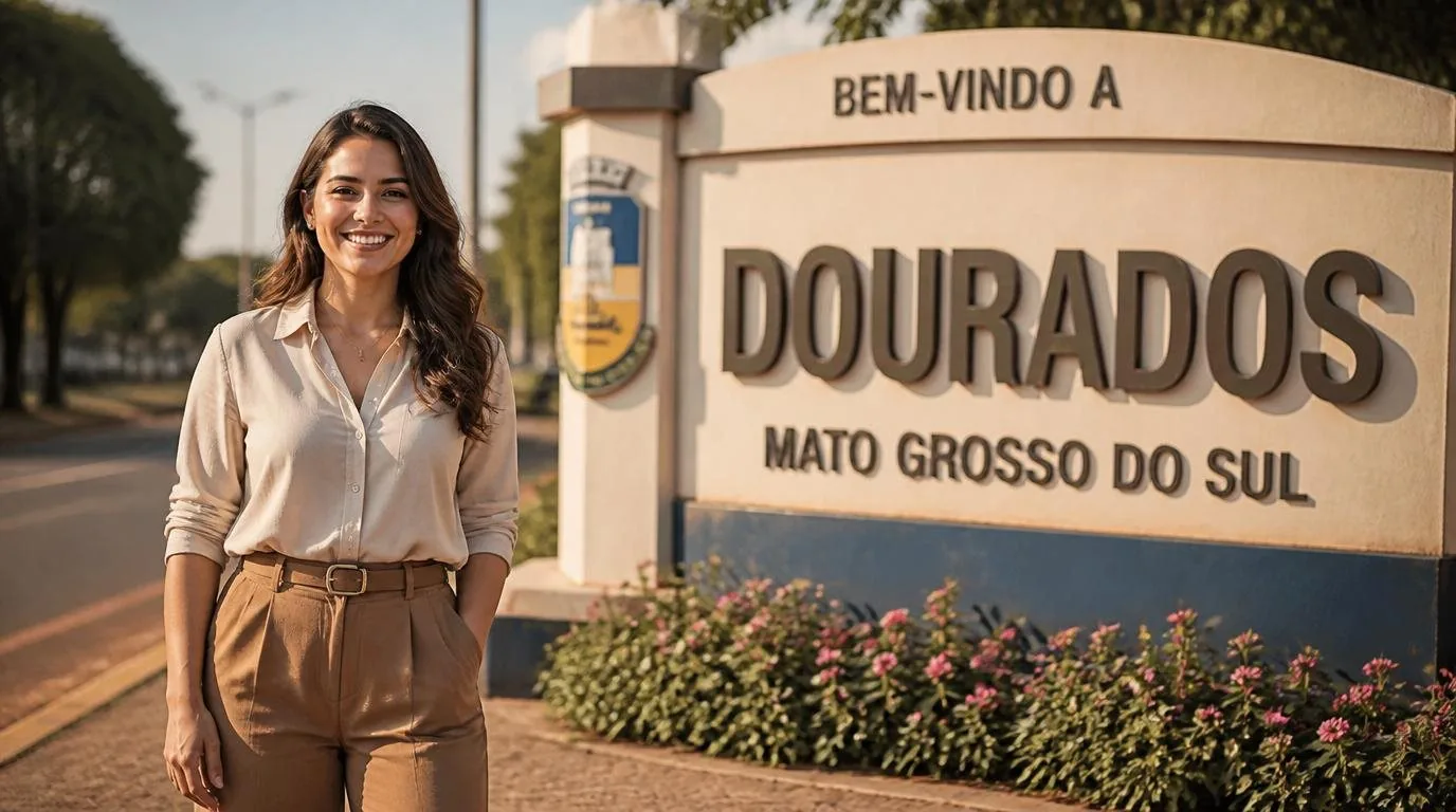 Placa de entrada da cidade de Dourados (MS) — crédito consignado com atendimento digital da Din Din Cred — Consignado em Dourados MS: Aposentados, Servidores e FGTS Com Atendimento Digital