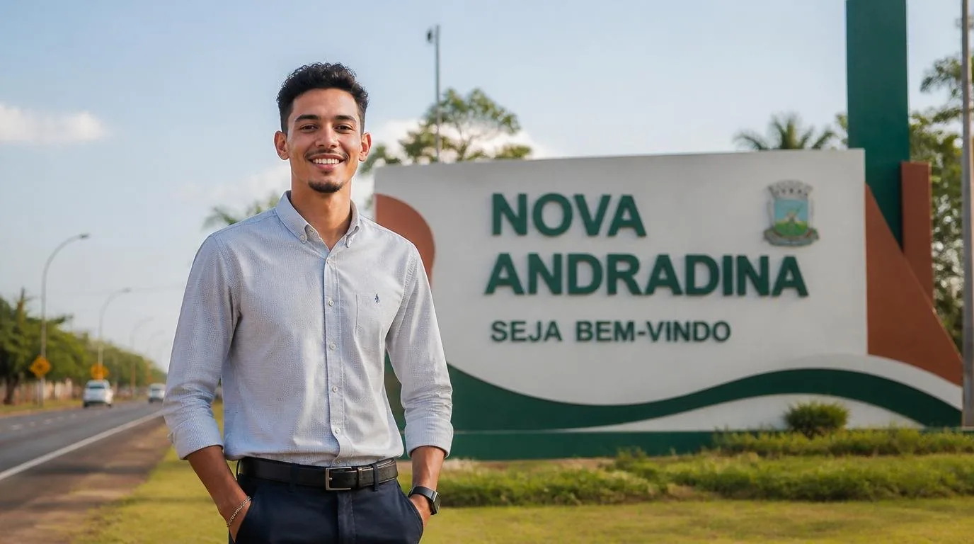 Placa de entrada da cidade de Nova Andradina (MS) — crédito consignado com atendimento digital da Din Din Cred — Consignado em Naviraí, Nova Andradina e Cone Sul do MS