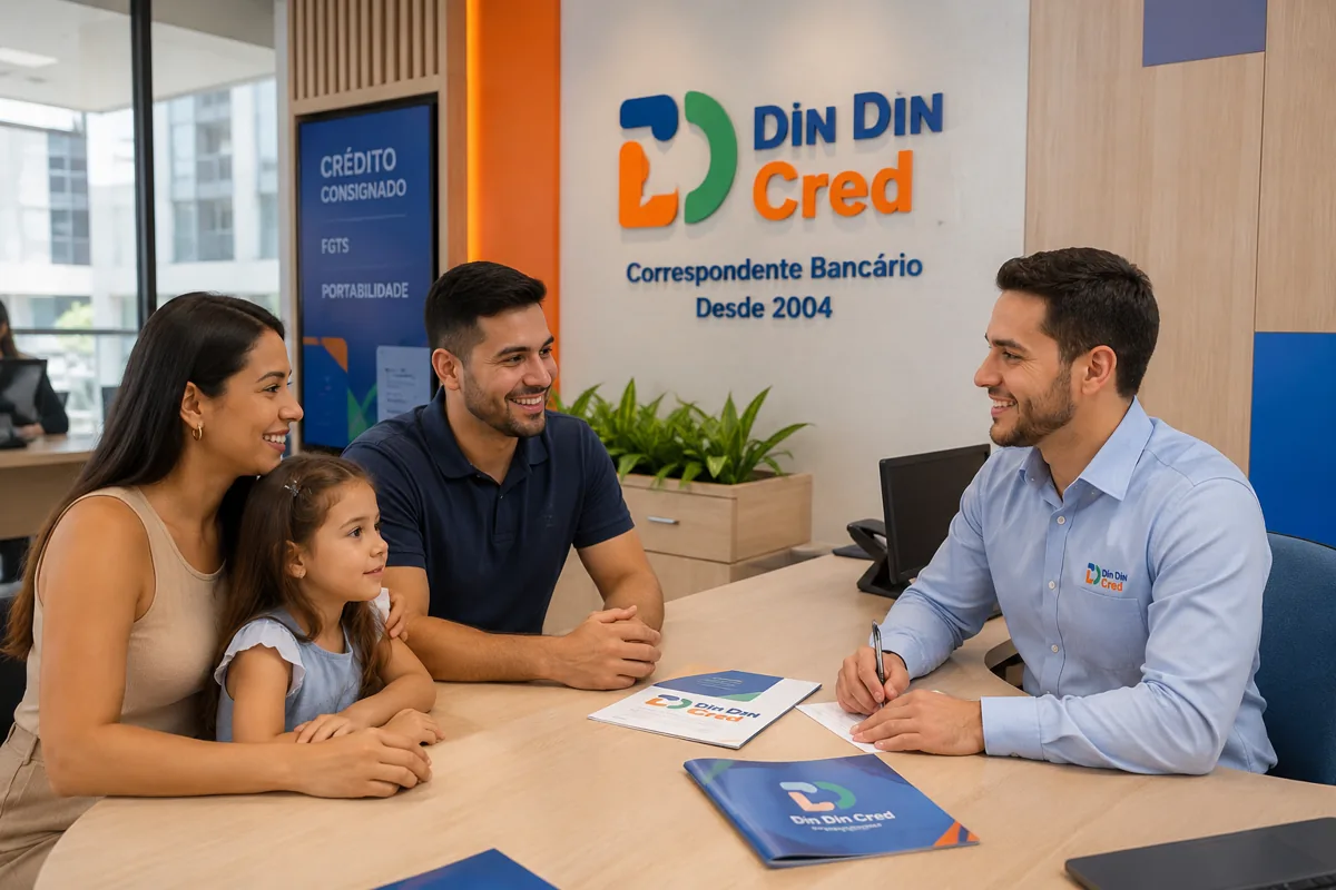 Família sorridente após contratar consignado com a Din Din Cred