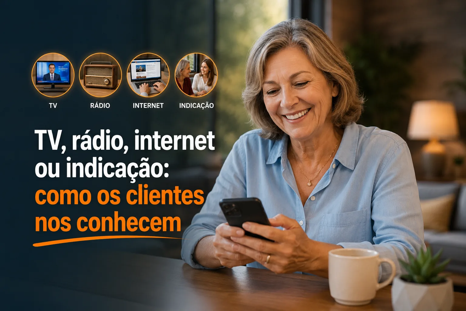Cliente sorrindo ao usar o celular, com ícones de TV, rádio, internet e indicação: como os clientes conhecem a Din Din Cred