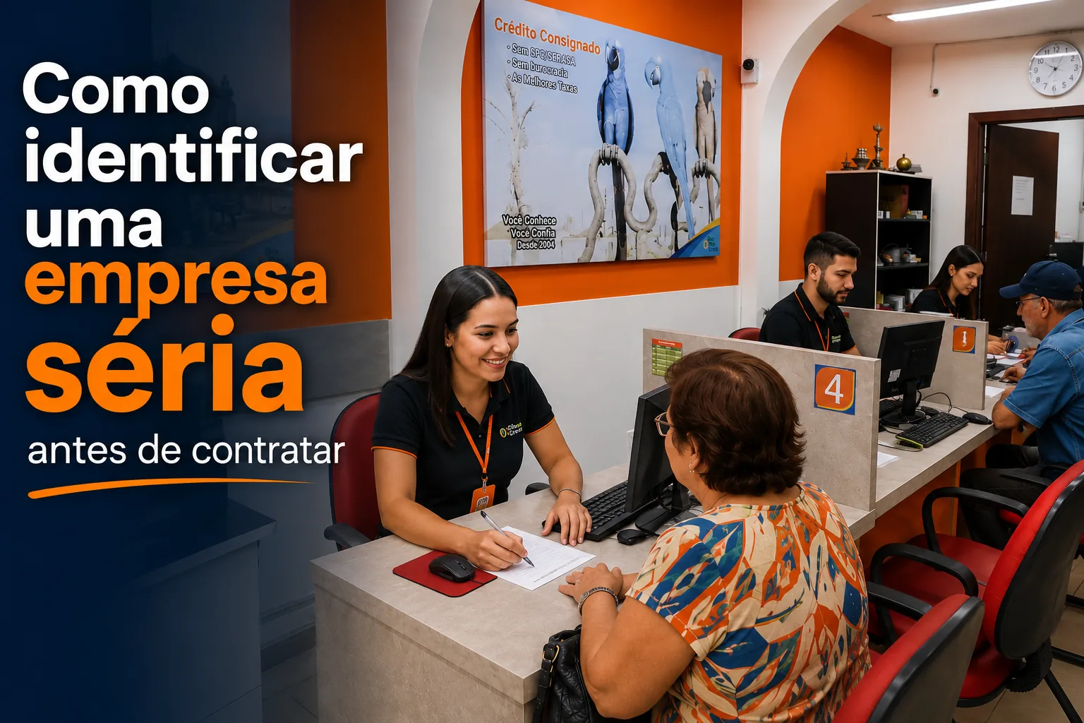 Interior da loja da Din Din Cred em Campo Grande com consultores atendendo clientes, ilustrando como identificar uma empresa séria