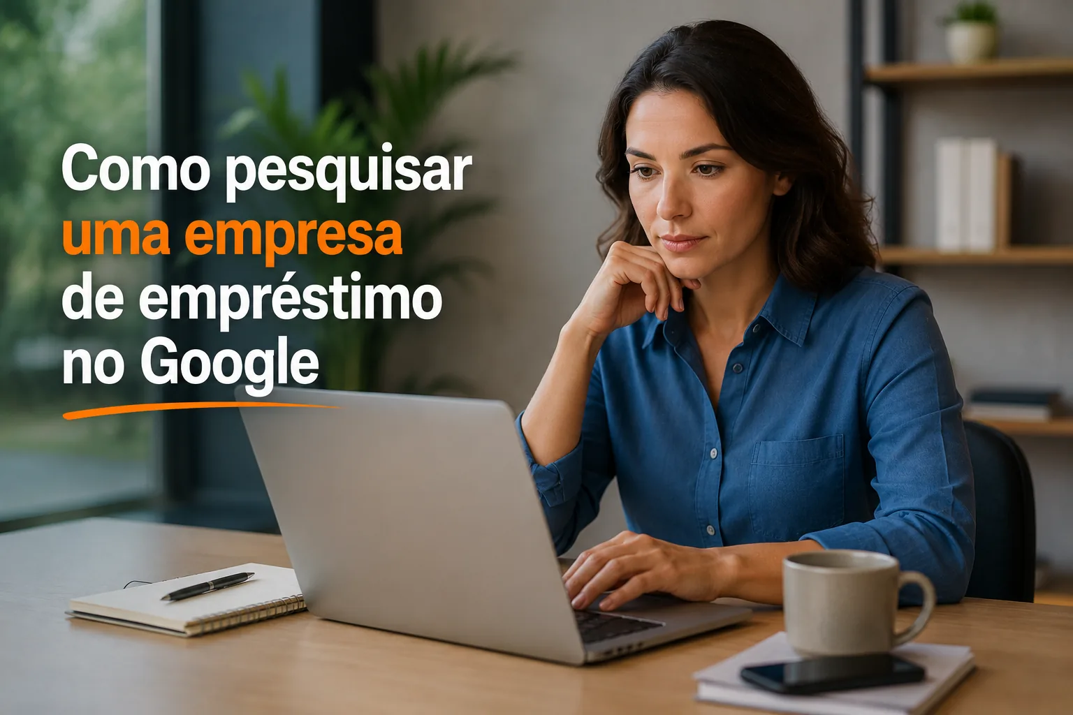 Mulher pesquisando no notebook informações sobre empresa de empréstimo no Google