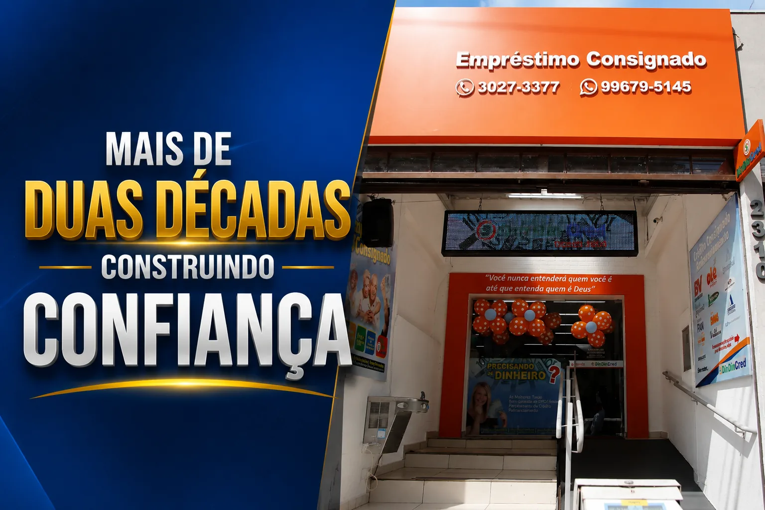 Fachada da loja da Din Din Cred na Rua Treze de Maio em Campo Grande, com letreiro de empréstimo consignado
