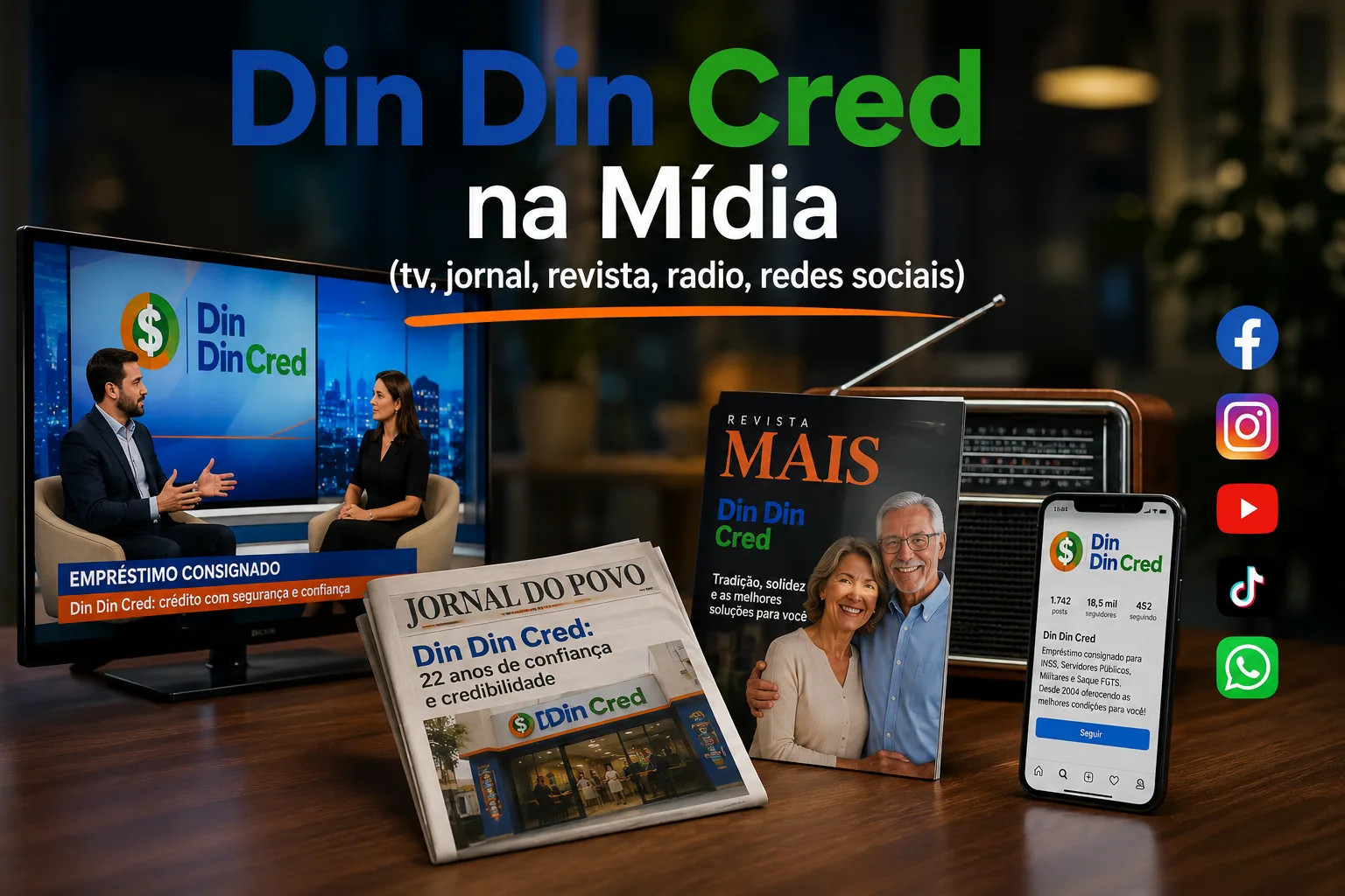 Din Din Cred na mídia: televisão, jornal, revista, rádio e redes sociais com registros da marca