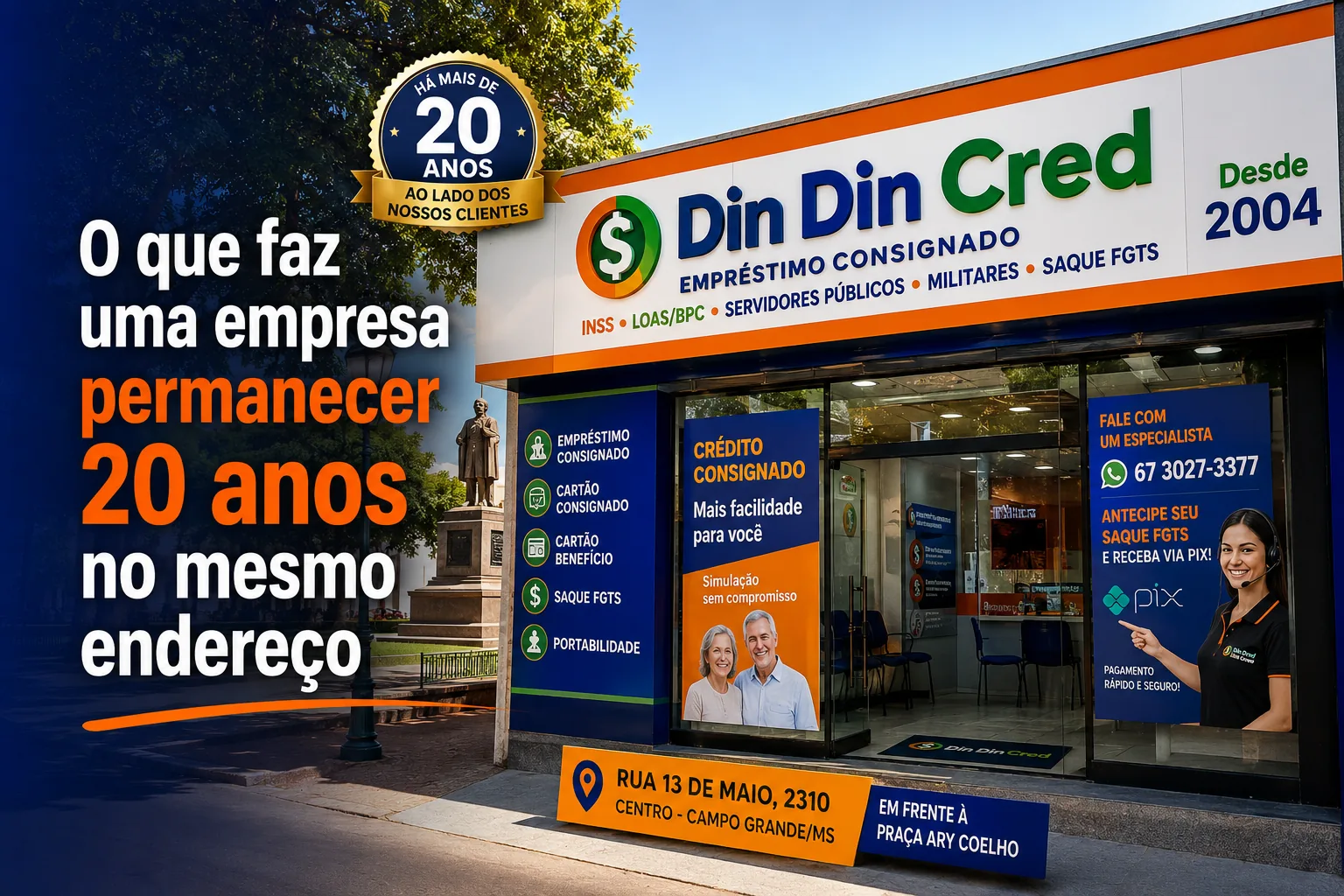Fachada da Din Din Cred desde 2004 na Rua Treze de Maio, 2310, Centro de Campo Grande, em frente à Praça Ary Coelho