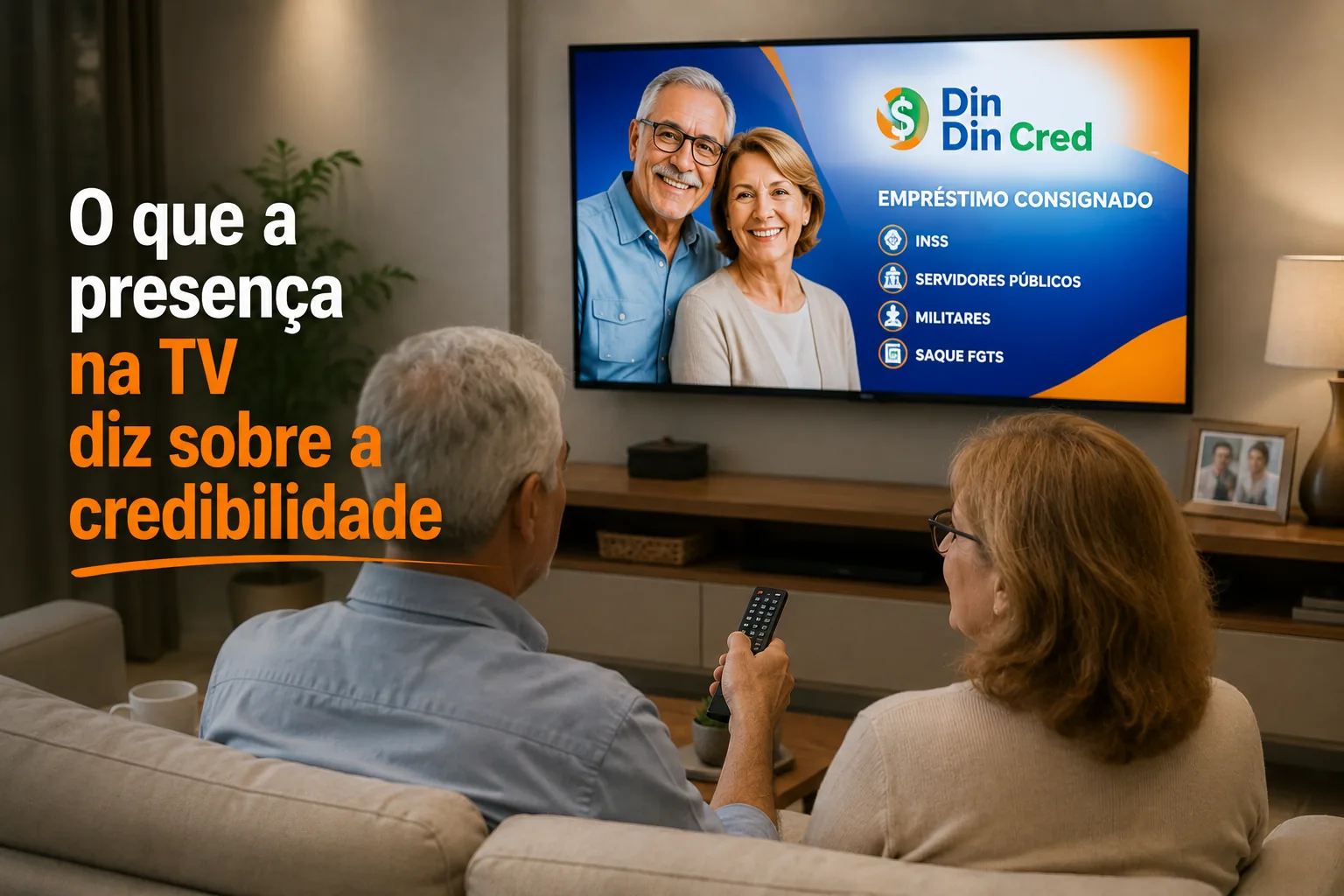 Casal de aposentados assistindo na televisão a um anúncio da Din Din Cred sobre empréstimo consignado