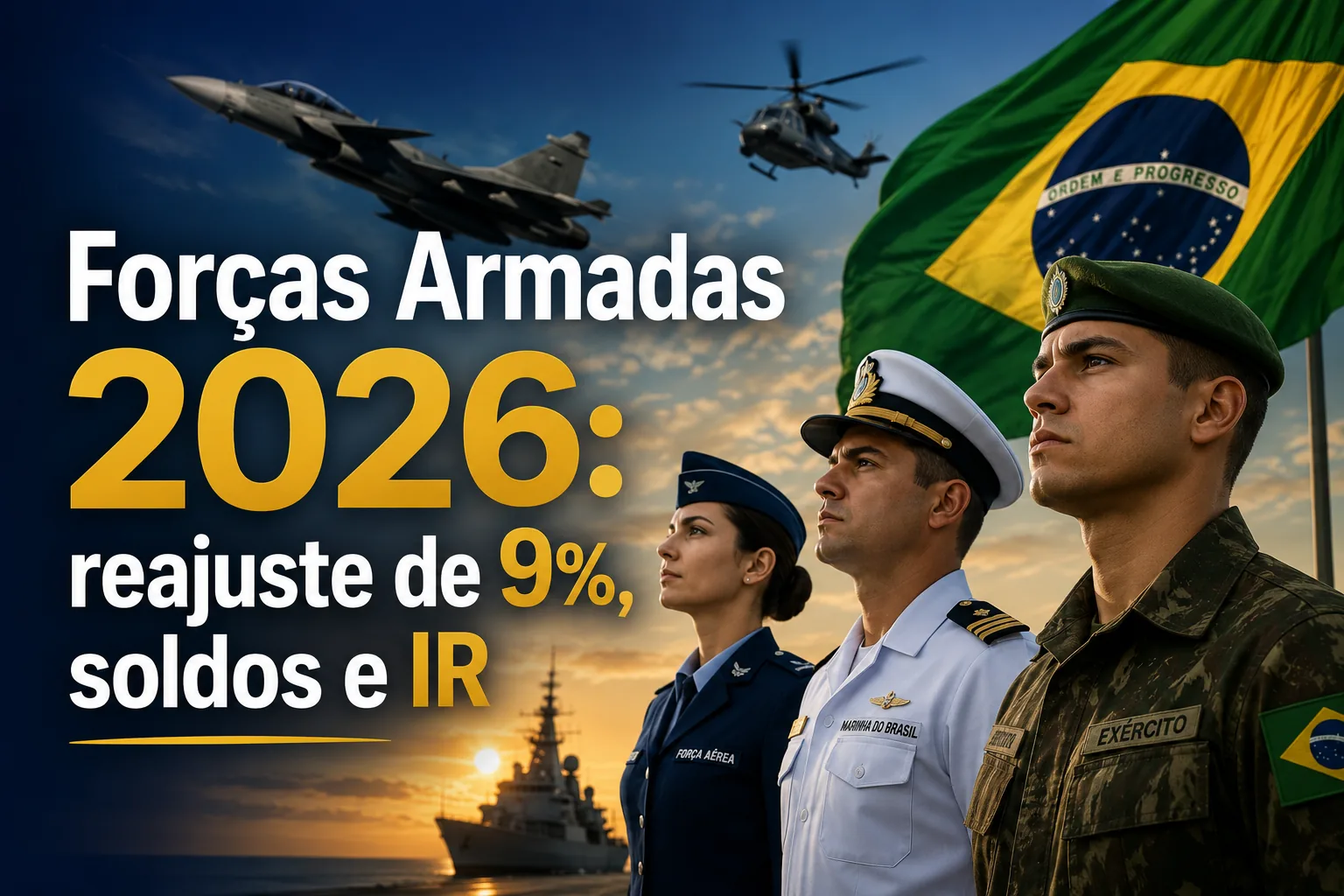 Militares da Aeronáutica, da Marinha e do Exército diante da bandeira do Brasil, ilustrando o reajuste de 9% das Forças Armadas em 2026