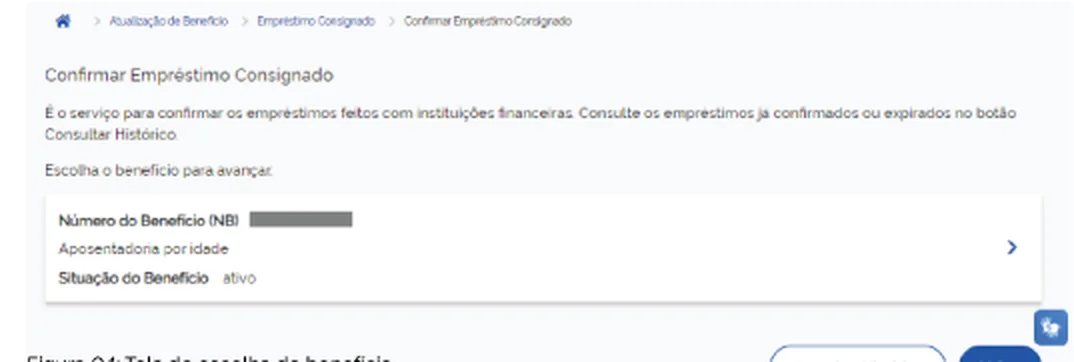 Tela do Meu INSS para escolher o número do benefício antes de confirmar o empréstimo