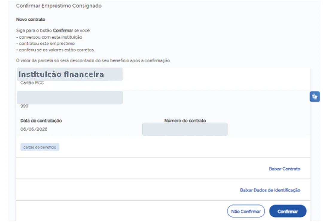 Detalhe do contrato no Meu INSS com valores, parcelas e número do contrato