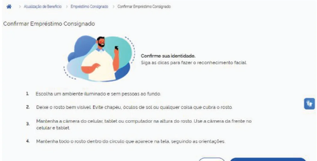 Tela com dicas para o reconhecimento facial na confirmação do empréstimo consignado