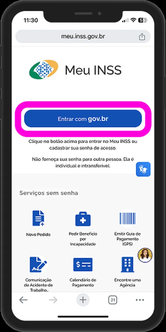 Tela inicial do aplicativo Meu INSS com o botão Entrar com gov.br