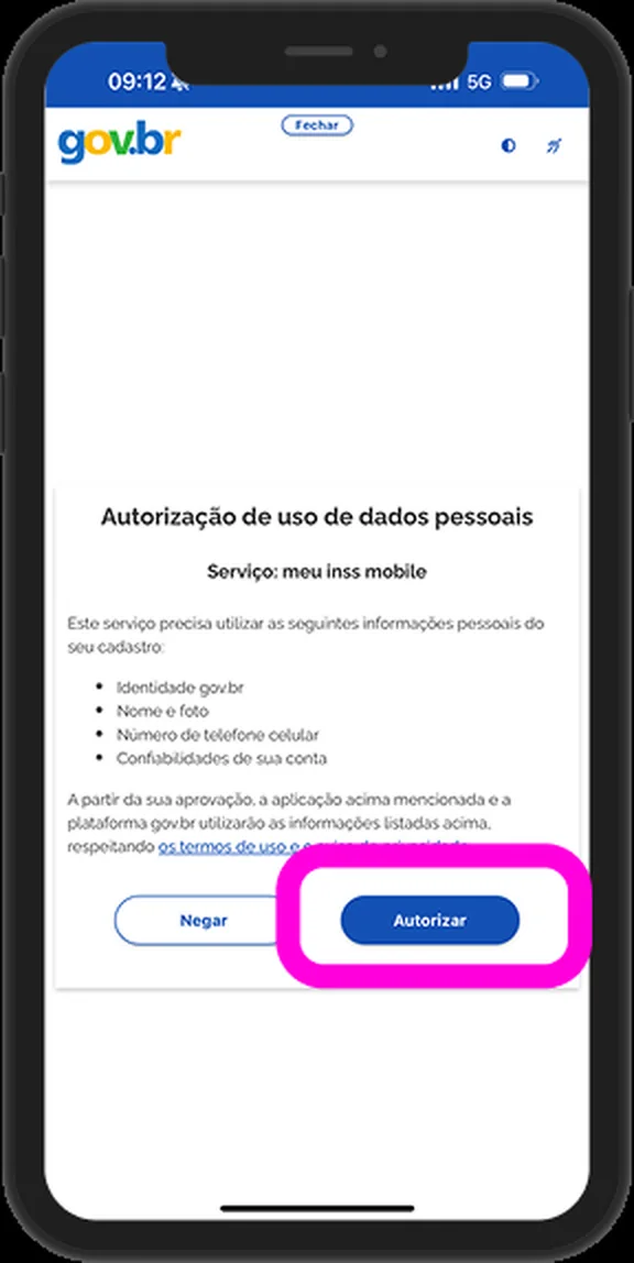 Tela de autorização de uso de dados pessoais do serviço Meu INSS
