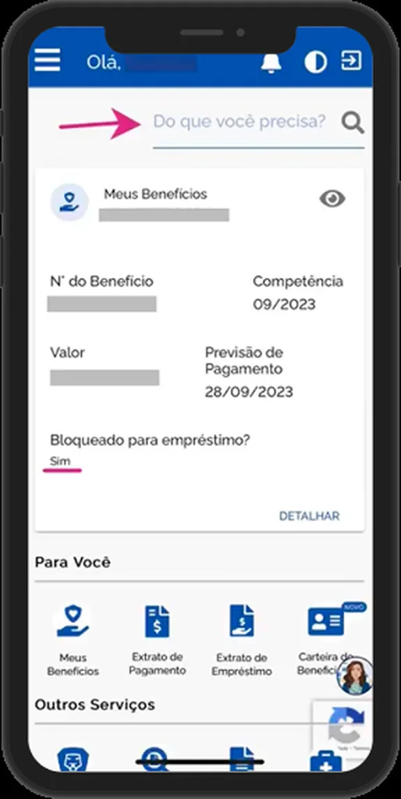 Tela Meus Benefícios do Meu INSS mostrando o campo Bloqueado para empréstimo