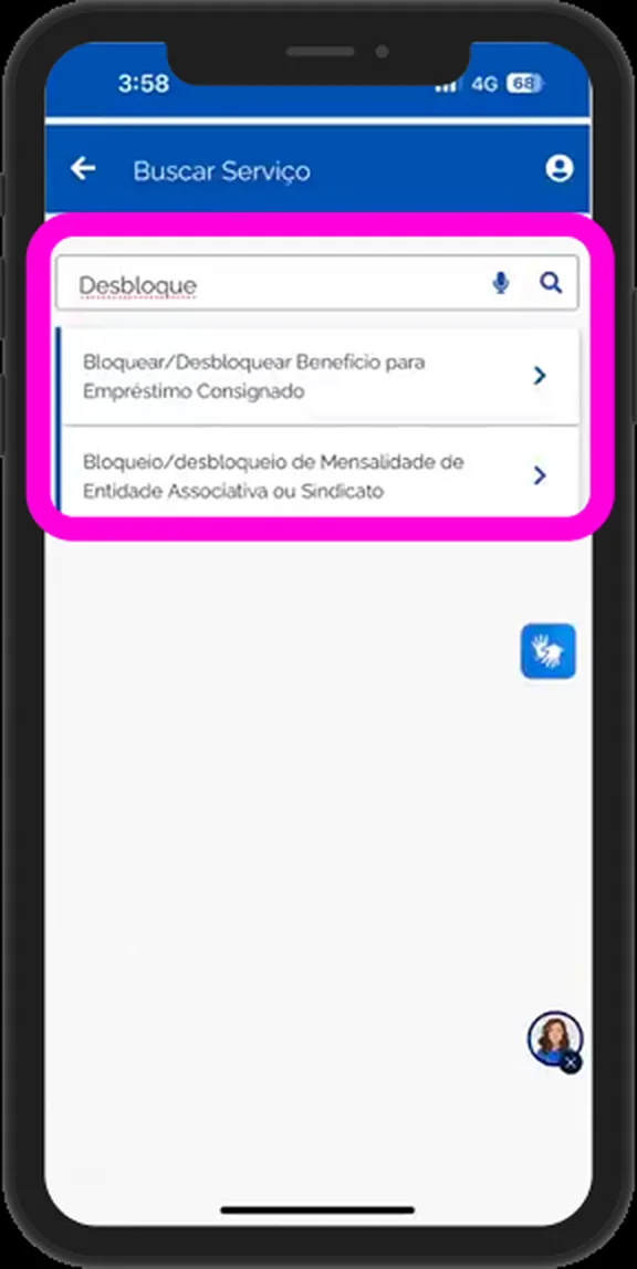Busca do Meu INSS exibindo o serviço Bloquear e Desbloquear Benefício para Empréstimo Consignado