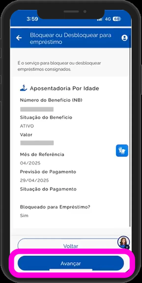 Tela do Meu INSS para escolher o número do benefício NB antes do desbloqueio