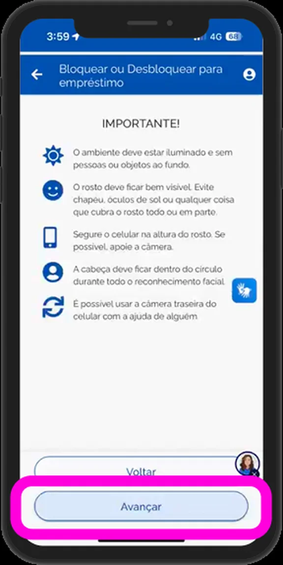 Tela com orientações importantes para a captura da selfie no Meu INSS
