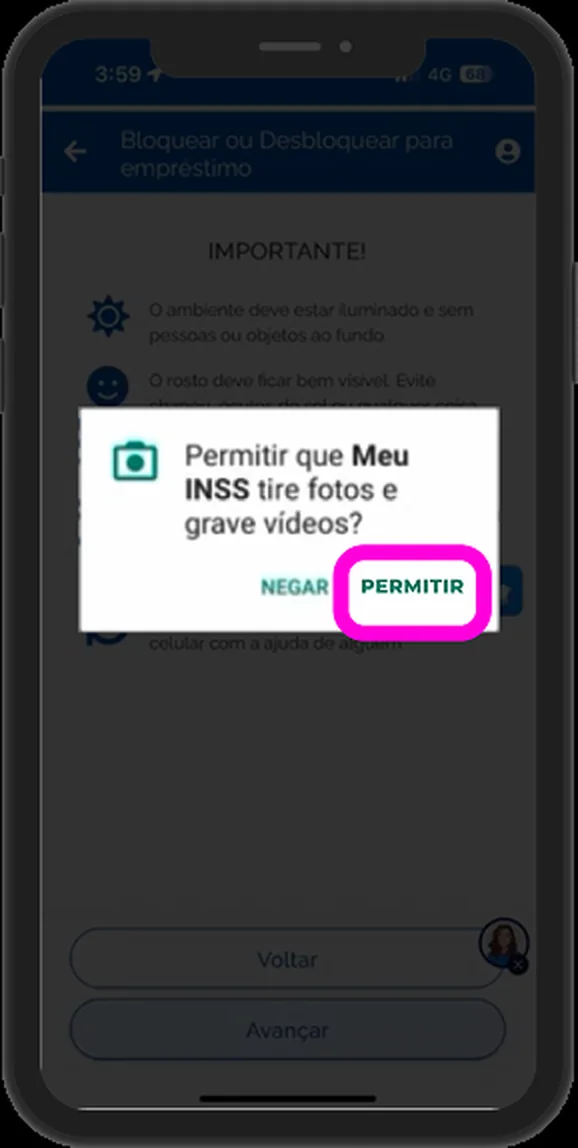 Aviso do celular pedindo permissão para o Meu INSS tirar fotos e gravar vídeos