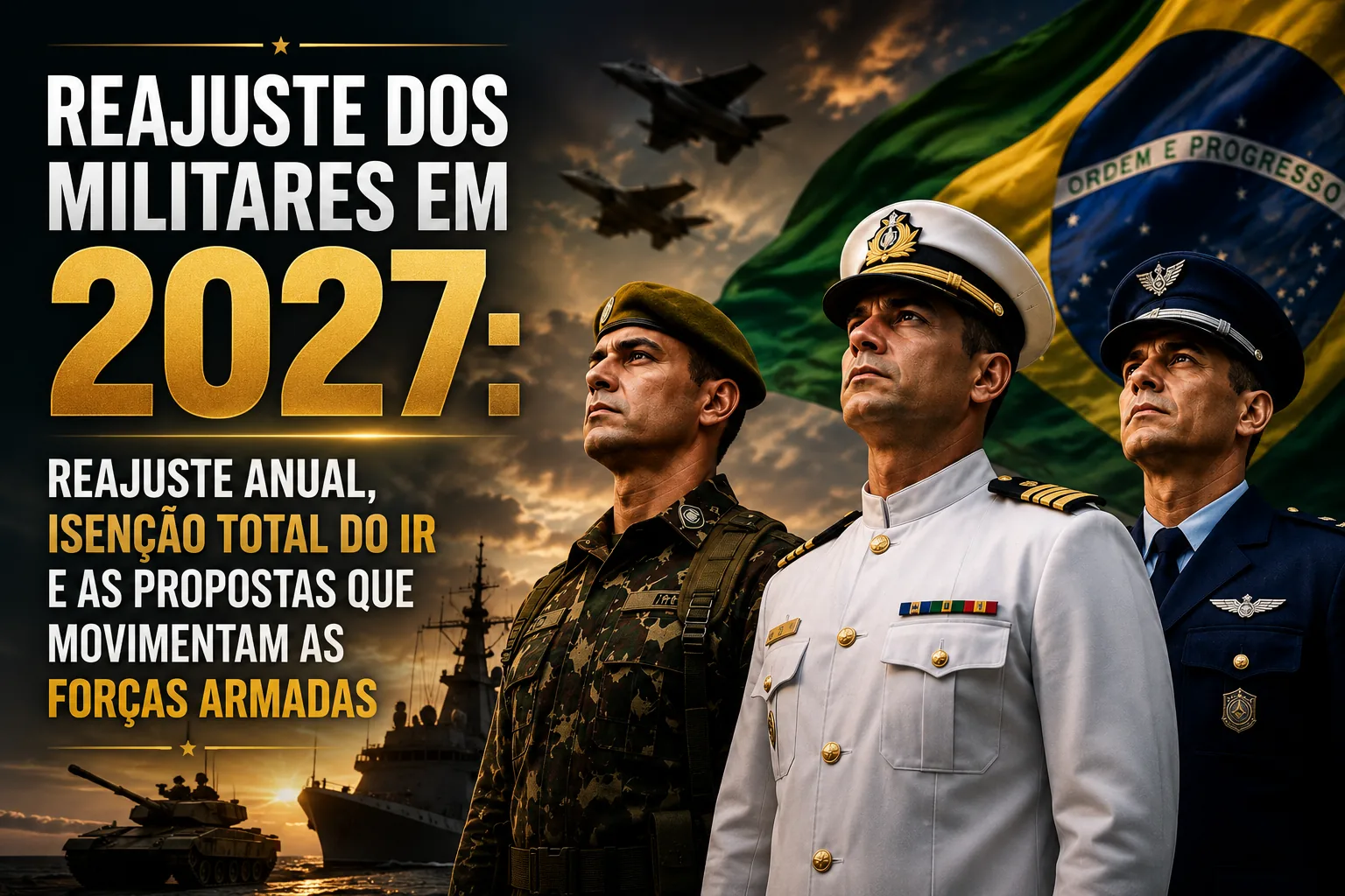 Militares do Exército, da Marinha e da Aeronáutica diante da bandeira do Brasil, ilustrando o debate sobre o reajuste das Forças Armadas em 2027