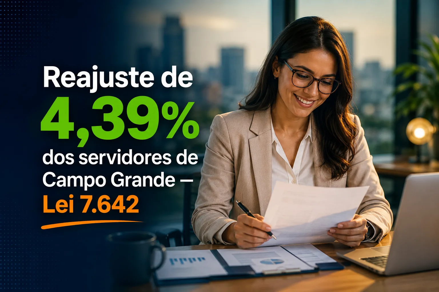 Servidora pública analisando documentos, ilustrando o reajuste de 4,39% da Lei 7.642 de Campo Grande