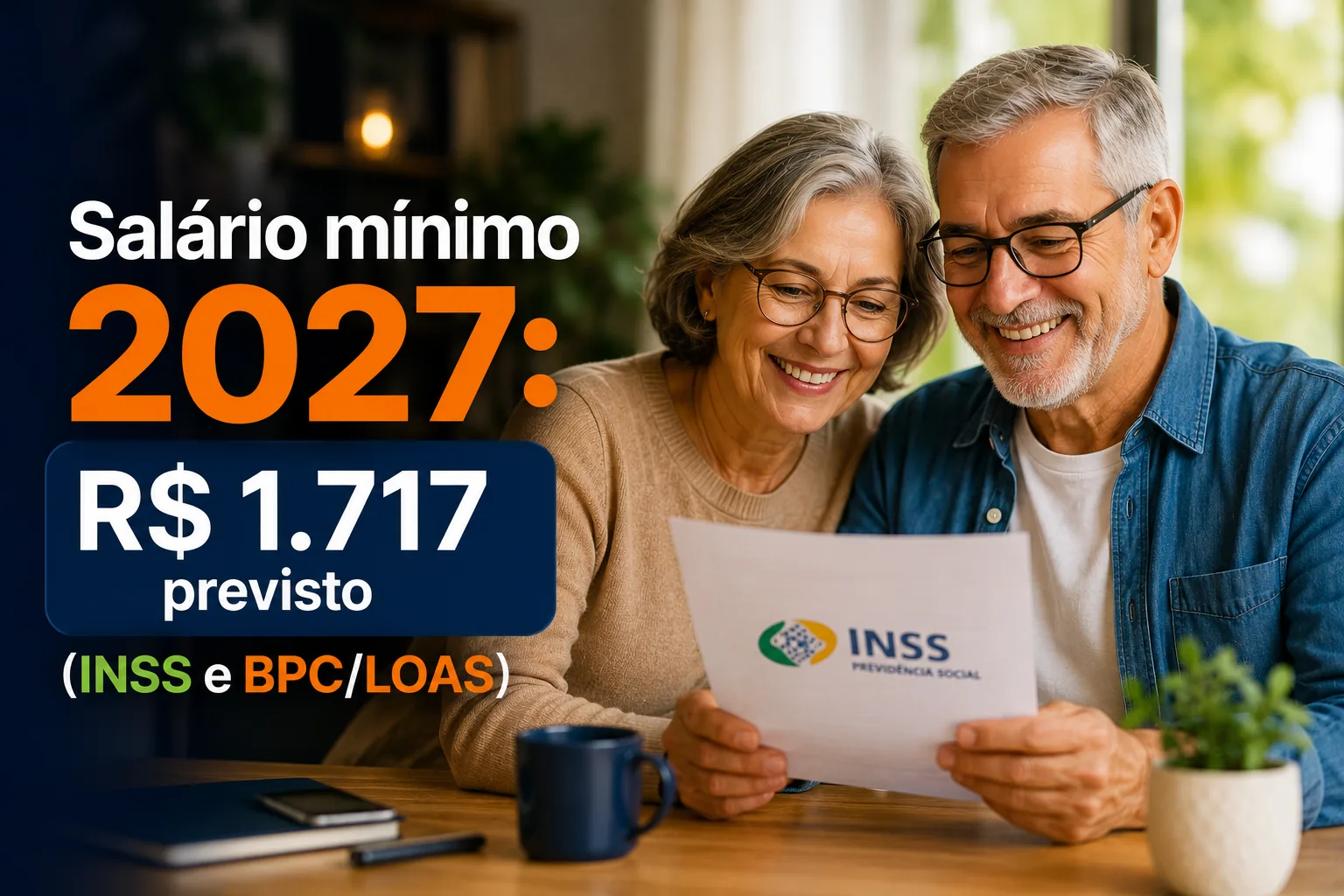Casal de aposentados sorrindo ao ler documento do INSS, ilustrando o salário mínimo de R$ 1.717 previsto para 2027